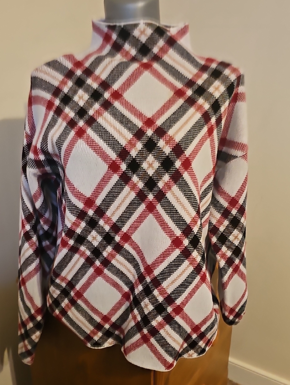 Tahari Plaid Knit Sweater in White, Black, and Burgundy